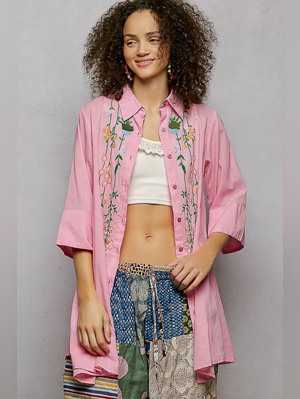 1-0609 POL Climbing Floral Embroidered Button Down -  Pink with collar